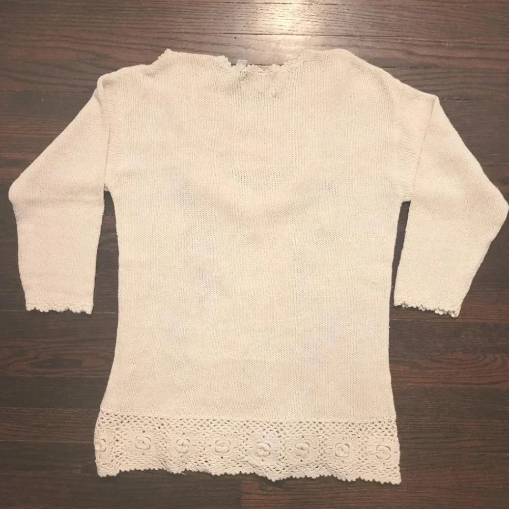 Vintage cream crochet lace pearls floral whimsy coquette cottagecore sweater M - Picture 9 of 14